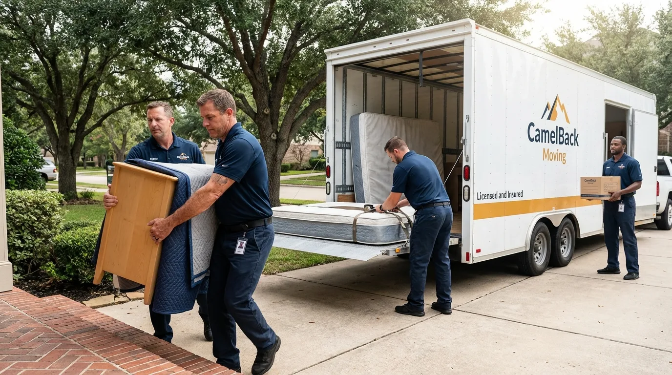 Crew loading residential truck for cross-state move from Morongo Valley, CA