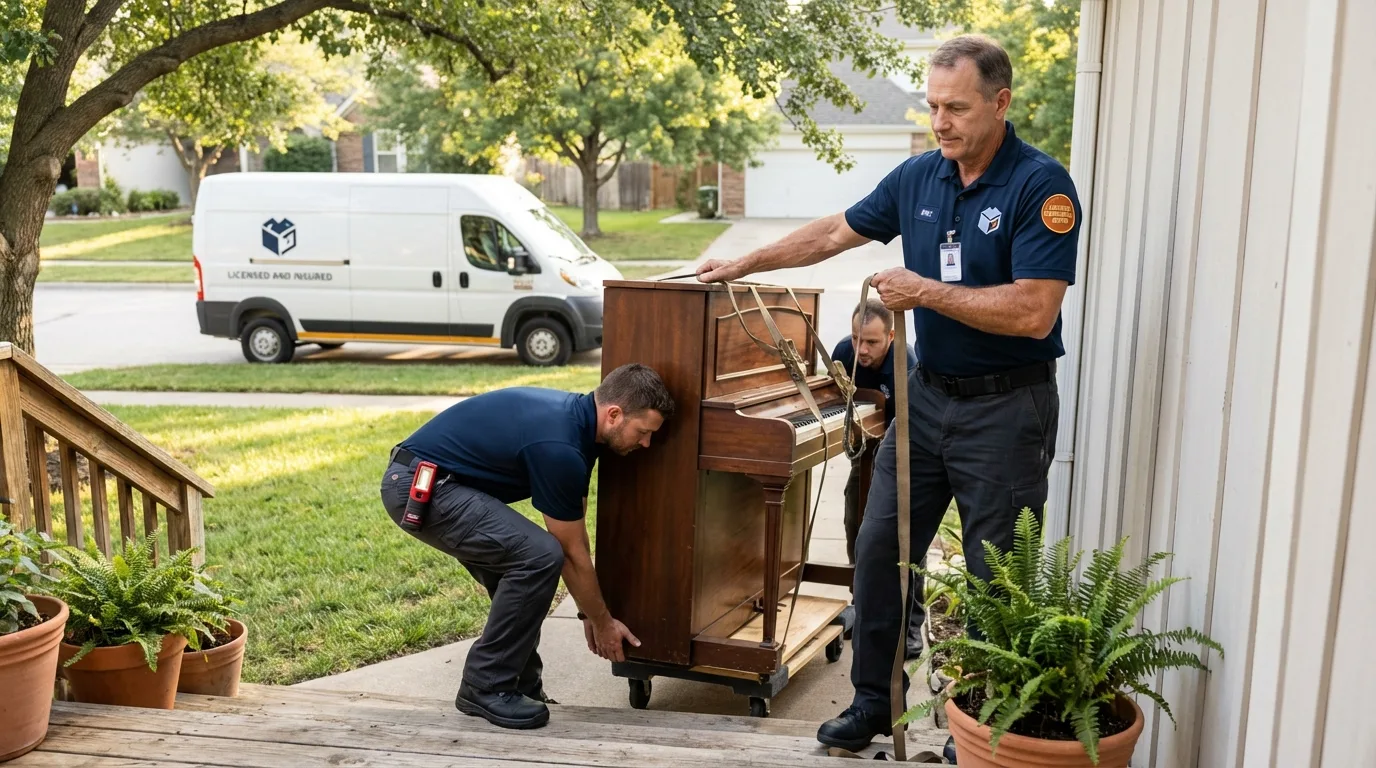 Licensed piano movers securing grand piano in Morongo Valley, CA
